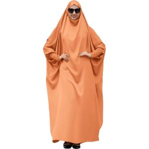imageIDOPIP Muslim Abaya for Women One Piece Long Sleeve Islamic Prayer Dress with Hooded Hijab Maxi Kaftan Robe Modest ClothesOrange