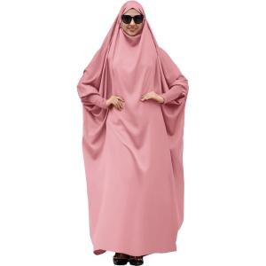 imageIDOPIP Muslim Abaya for Women One Piece Long Sleeve Islamic Prayer Dress with Hooded Hijab Maxi Kaftan Robe Modest ClothesPink