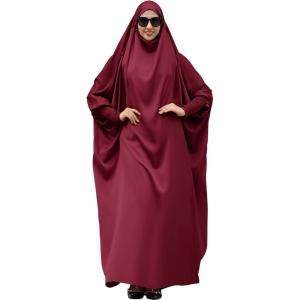 imageIDOPIP Muslim Abaya for Women One Piece Long Sleeve Islamic Prayer Dress with Hooded Hijab Maxi Kaftan Robe Modest ClothesWine Red