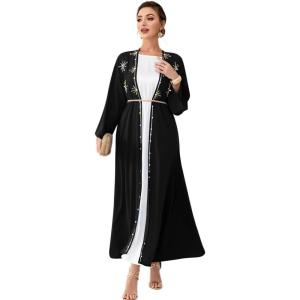 imageIDOPIP Muslim Abayas for Women Long Sleeve Open Front Cardigan Rhinestone Applique Islamic Dubai Maxi Kaftan Dress with BeltBlack