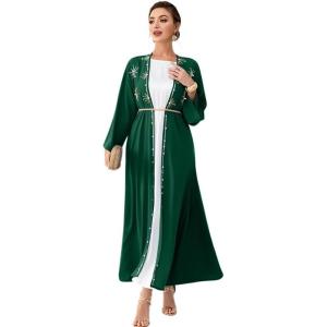 imageIDOPIP Muslim Abayas for Women Long Sleeve Open Front Cardigan Rhinestone Applique Islamic Dubai Maxi Kaftan Dress with BeltBlackish Green