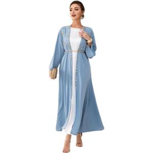 imageIDOPIP Muslim Abayas for Women Long Sleeve Open Front Cardigan Rhinestone Applique Islamic Dubai Maxi Kaftan Dress with BeltBlue