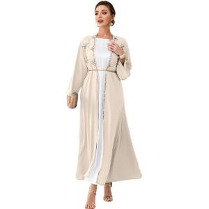 imageIDOPIP Muslim Abayas for Women Long Sleeve Open Front Cardigan Rhinestone Applique Islamic Dubai Maxi Kaftan Dress with BeltChampagne