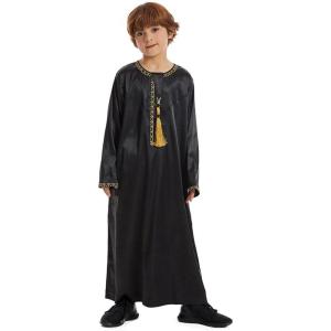 imageIDOPIP Muslim Arabic Thobe for Boys Kids Long Sleeve Islamic Arabic Kaftan Robe Embroidered Abaya Dress Clothes with PocketsBlack