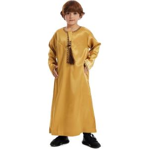 imageIDOPIP Muslim Arabic Thobe for Boys Kids Long Sleeve Islamic Arabic Kaftan Robe Embroidered Abaya Dress Clothes with PocketsGold