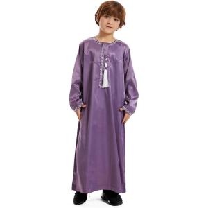 imageIDOPIP Muslim Arabic Thobe for Boys Kids Long Sleeve Islamic Arabic Kaftan Robe Embroidered Abaya Dress Clothes with PocketsPurple