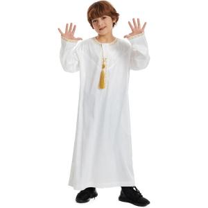 imageIDOPIP Muslim Arabic Thobe for Boys Kids Long Sleeve Islamic Arabic Kaftan Robe Embroidered Abaya Dress Clothes with PocketsWhite