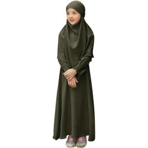 imageIDOPIP Muslim Dress for Girls Islamic Prayer Abaya Smocked Long Sleeve Kaftan Robe Dresses with Hijab Ramadan Dubai OutfitsArmy Green
