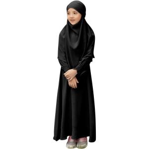 imageIDOPIP Muslim Dress for Girls Islamic Prayer Abaya Smocked Long Sleeve Kaftan Robe Dresses with Hijab Ramadan Dubai OutfitsBlack