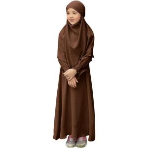 imageIDOPIP Muslim Dress for Girls Islamic Prayer Abaya Smocked Long Sleeve Kaftan Robe Dresses with Hijab Ramadan Dubai OutfitsCoffee