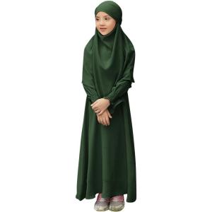 imageIDOPIP Muslim Dress for Girls Islamic Prayer Abaya Smocked Long Sleeve Kaftan Robe Dresses with Hijab Ramadan Dubai OutfitsDark Green