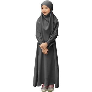 imageIDOPIP Muslim Dress for Girls Islamic Prayer Abaya Smocked Long Sleeve Kaftan Robe Dresses with Hijab Ramadan Dubai OutfitsGray