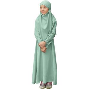 imageIDOPIP Muslim Dress for Girls Islamic Prayer Abaya Smocked Long Sleeve Kaftan Robe Dresses with Hijab Ramadan Dubai OutfitsGreen