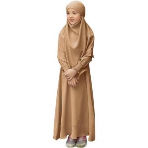 imageIDOPIP Muslim Dress for Girls Islamic Prayer Abaya Smocked Long Sleeve Kaftan Robe Dresses with Hijab Ramadan Dubai OutfitsKhaki