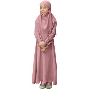 imageIDOPIP Muslim Dress for Girls Islamic Prayer Abaya Smocked Long Sleeve Kaftan Robe Dresses with Hijab Ramadan Dubai OutfitsPink