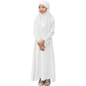 imageIDOPIP Muslim Dress for Girls Islamic Prayer Abaya Smocked Long Sleeve Kaftan Robe Dresses with Hijab Ramadan Dubai OutfitsWhite