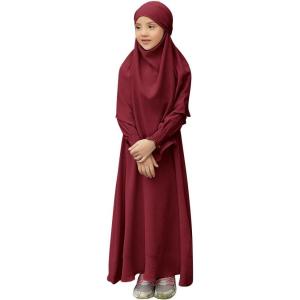 imageIDOPIP Muslim Dress for Girls Islamic Prayer Abaya Smocked Long Sleeve Kaftan Robe Dresses with Hijab Ramadan Dubai OutfitsWine Red