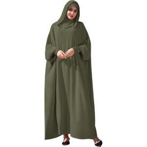 imageIDOPIP Muslim Dresses for Women One Piece Long Sleeve Islamic Prayer Ramadan Abaya Hooded Hijab Loose Maxi Kaftan Dubai RobeArmy Green