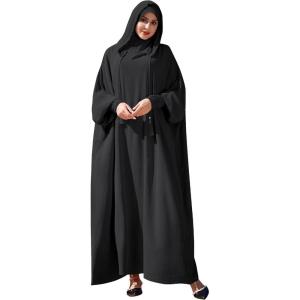 imageIDOPIP Muslim Dresses for Women One Piece Long Sleeve Islamic Prayer Ramadan Abaya Hooded Hijab Loose Maxi Kaftan Dubai RobeBlack