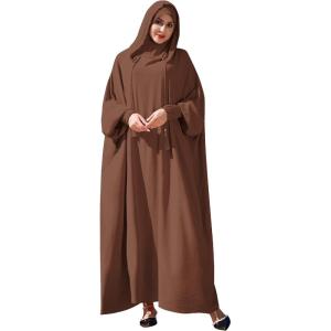 imageIDOPIP Muslim Dresses for Women One Piece Long Sleeve Islamic Prayer Ramadan Abaya Hooded Hijab Loose Maxi Kaftan Dubai RobeBrown