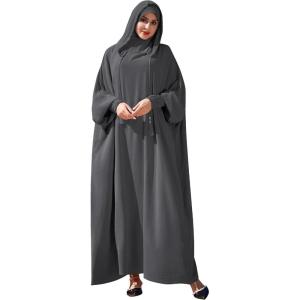 imageIDOPIP Muslim Dresses for Women One Piece Long Sleeve Islamic Prayer Ramadan Abaya Hooded Hijab Loose Maxi Kaftan Dubai RobeDark Gray