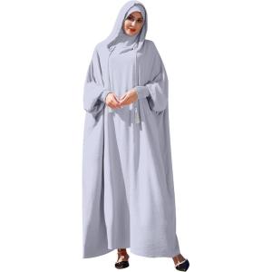 imageIDOPIP Muslim Dresses for Women One Piece Long Sleeve Islamic Prayer Ramadan Abaya Hooded Hijab Loose Maxi Kaftan Dubai RobeGray