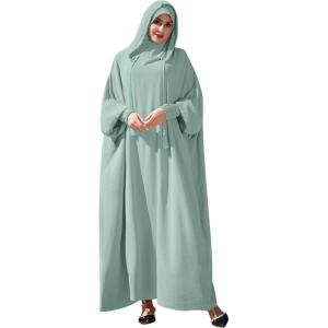 imageIDOPIP Muslim Dresses for Women One Piece Long Sleeve Islamic Prayer Ramadan Abaya Hooded Hijab Loose Maxi Kaftan Dubai RobeGreen