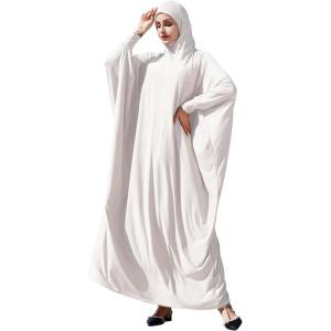 imageIDOPIP Muslim Dresses for Women One Piece Long Sleeve Islamic Prayer Ramadan Abaya Hooded Hijab Loose Maxi Kaftan Dubai RobeWhite