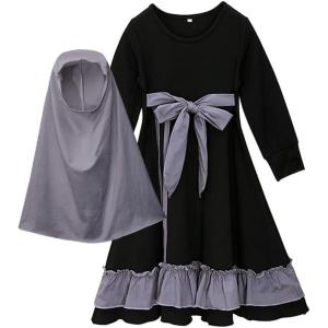 imageIDOPIP Muslim Girls Dress for Kids Long Sleeve Islamic Prayer Abaya Dress Maxi Kaftan Thobe with Hijab 2PCS Modest ClothesBlack  Bow