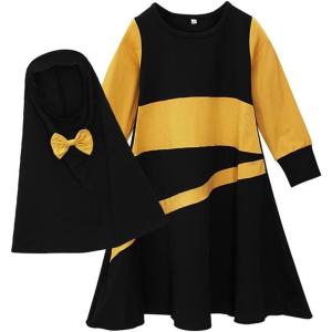 imageIDOPIP Muslim Girls Dress for Kids Long Sleeve Islamic Prayer Abaya Dress Maxi Kaftan Thobe with Hijab 2PCS Modest ClothesBlack