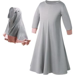 imageIDOPIP Muslim Girls Dress for Kids Long Sleeve Islamic Prayer Abaya Dress Maxi Kaftan Thobe with Hijab 2PCS Modest ClothesGray  Plain