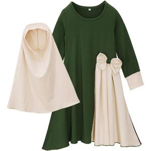 imageIDOPIP Muslim Girls Dress for Kids Long Sleeve Islamic Prayer Abaya Dress Maxi Kaftan Thobe with Hijab 2PCS Modest ClothesGreen  Bow