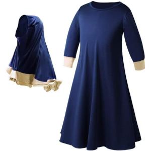 imageIDOPIP Muslim Girls Dress for Kids Long Sleeve Islamic Prayer Abaya Dress Maxi Kaftan Thobe with Hijab 2PCS Modest ClothesNavy Blue  Plain