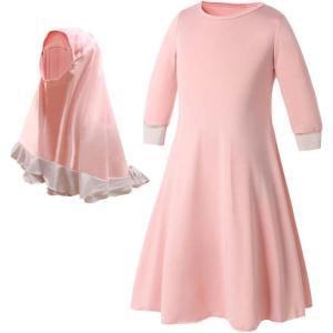 imageIDOPIP Muslim Girls Dress for Kids Long Sleeve Islamic Prayer Abaya Dress Maxi Kaftan Thobe with Hijab 2PCS Modest ClothesPink  Plain