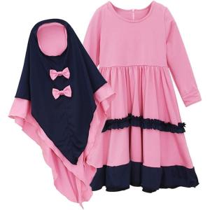imageIDOPIP Muslim Girls Dress for Kids Long Sleeve Islamic Prayer Abaya Dress Maxi Kaftan Thobe with Hijab 2PCS Modest ClothesPink  Ruffle