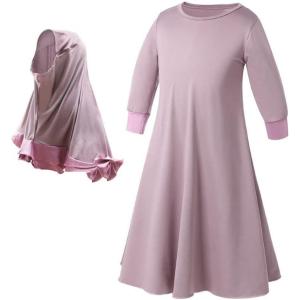 imageIDOPIP Muslim Girls Dress for Kids Long Sleeve Islamic Prayer Abaya Dress Maxi Kaftan Thobe with Hijab 2PCS Modest ClothesPurple  Plain