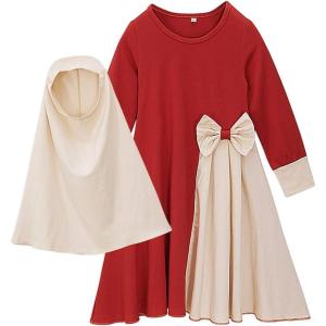 imageIDOPIP Muslim Girls Dress for Kids Long Sleeve Islamic Prayer Abaya Dress Maxi Kaftan Thobe with Hijab 2PCS Modest ClothesRed  Bow