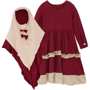 imageIDOPIP Muslim Girls Dress for Kids Long Sleeve Islamic Prayer Abaya Dress Maxi Kaftan Thobe with Hijab 2PCS Modest ClothesRed  Ruffle
