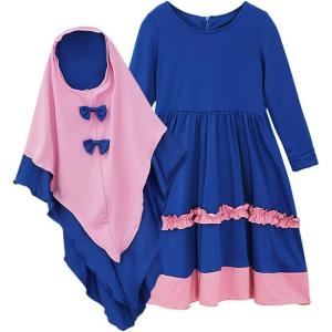 imageIDOPIP Muslim Girls Dress for Kids Long Sleeve Islamic Prayer Abaya Dress Maxi Kaftan Thobe with Hijab 2PCS Modest ClothesRoyal Blue  Pink  Ruffle