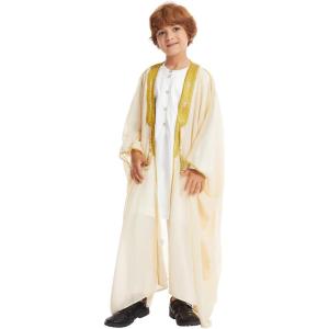 imageIDOPIP Muslim Thobe for Boys Islamic Arabic Kaftan Robe Ramadan Kids Long Sleeve Embroidery Tassels Open Front Cardigan ThobeBeige