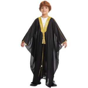 imageIDOPIP Muslim Thobe for Boys Islamic Arabic Kaftan Robe Ramadan Kids Long Sleeve Embroidery Tassels Open Front Cardigan ThobeBlack
