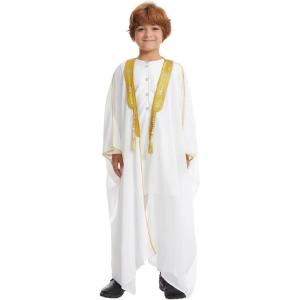 imageIDOPIP Muslim Thobe for Boys Islamic Arabic Kaftan Robe Ramadan Kids Long Sleeve Embroidery Tassels Open Front Cardigan ThobeWhite