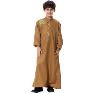 imageIDOPIP Muslim Thobe for Boys Kids Long Sleeve Islamic Arabic Kaftan Robe Embroidery Middle East Prayer Clothes with PocketsCamel  Gold