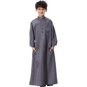 imageIDOPIP Muslim Thobe for Boys Kids Long Sleeve Islamic Arabic Kaftan Robe Embroidery Middle East Prayer Clothes with PocketsDark Gray  Gold