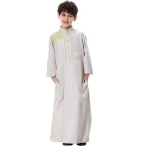 imageIDOPIP Muslim Thobe for Boys Kids Long Sleeve Islamic Arabic Kaftan Robe Embroidery Middle East Prayer Clothes with PocketsLight Gray  Gold
