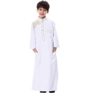 imageIDOPIP Muslim Thobe for Boys Kids Long Sleeve Islamic Arabic Kaftan Robe Embroidery Middle East Prayer Clothes with PocketsWhite  Gold