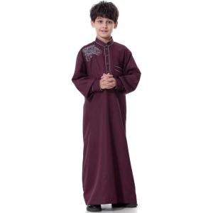 imageIDOPIP Muslim Thobe for Boys Kids Long Sleeve Islamic Arabic Kaftan Robe Embroidery Middle East Prayer Clothes with PocketsWine Red  Gold