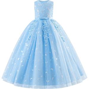 imageIDOPIP Sequin Flower Girl Lace Dress for Kids Wedding Pageant Party Formal Long Gown Princess First Communion Tulle DressesBlue Sequin Butterfly