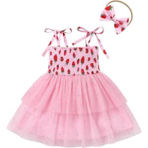 imageIDOPIP Toddler Baby Girls Tutu Dress Smocked Princess Strawberry Melon Birthday Party Dresses with Headband Cake Smash OutfitPink Strawberry