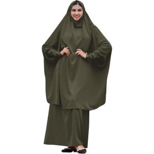 imageIDOPIP Two Pieces Jilbab Modest Dress for Muslim Women Long Maxi Khimar  Skirt with Hijab Burkas Islamic Abaya Dress OutfitArmy Green